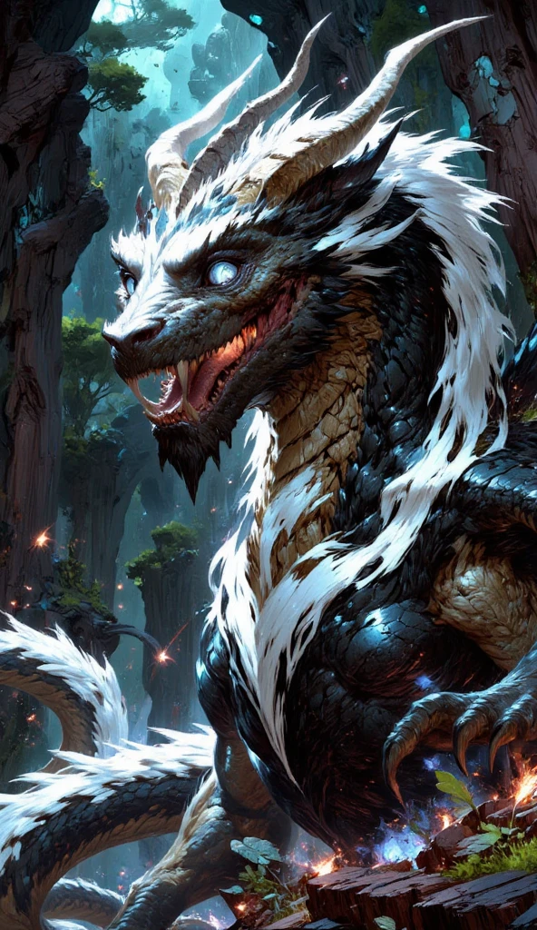 combines the characteristics of a cat and dragon. gaint, It has a connection with the three elements of earth, air and fire. fantasy setting, 8k, uhd, masterpiece, detailed. Black fur with white parts on head, neck and paws