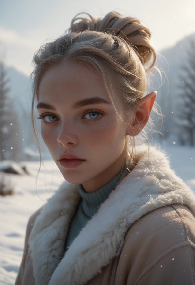 An elf whose hair is white as snow, her light brown skin and her eyes as blue as the sky.
