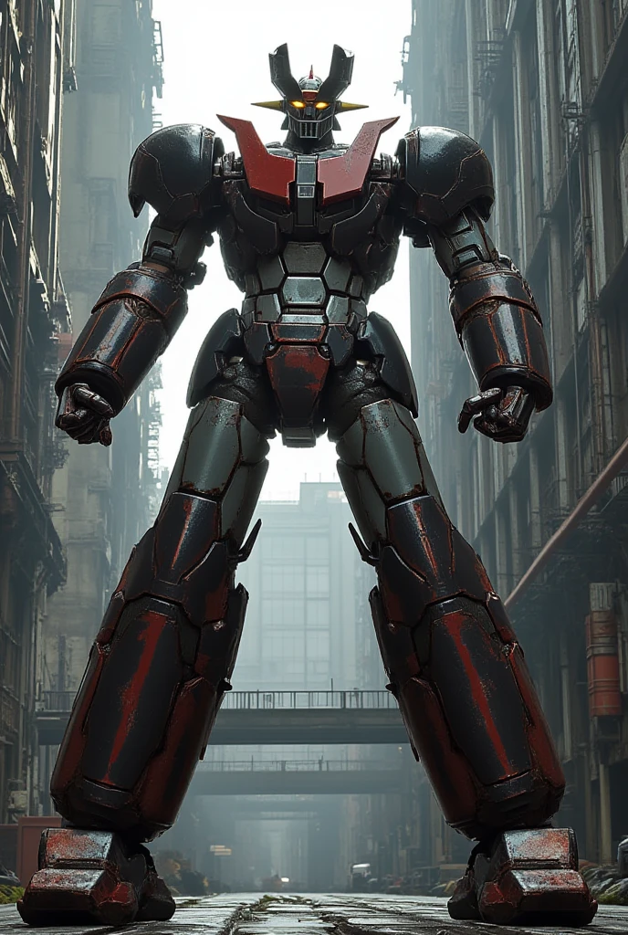 A very realistic version of the giant Mazinger Z charging at the pool facility , Fighting pose at a height of 138 meters ahead  .   Constructed of modern materials such as steel  ,   Carbon Fiber  ,   Other industrial elements are also visible  ,   just like the real thing  , Beautiful appearance, bolt,   realistic texture  , The cleaned exterior 、 shows some signs of wear  .   emits the latest electronic components with iconic features such as the chest plate and head 、 has been carefully reproduced .   It is set in an industrial environment at a modern giant facility repair shop  ,   it looks like the Mazinger Z is standing around during maintenance  ,   are illuminated by natural light  、  A huge structure highlighted by realistic shadows  . 