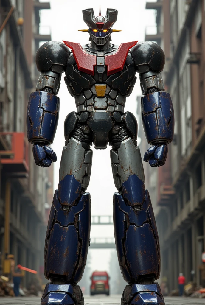 A very realistic version of the giant Mazinger Z charging at the pool facility , Fighting pose at a height of 138 meters ahead  .   Constructed of modern materials such as steel  ,   Carbon Fiber  ,   Other industrial elements are also visible  ,   just like the real thing  , Beautiful appearance, bolt,   realistic texture  , The cleaned exterior 、 shows some signs of wear  .   emits the latest electronic components with iconic features such as the chest plate and head 、 has been carefully reproduced .   It is set in an industrial environment at a modern giant facility repair shop  ,   it looks like the Mazinger Z is standing around during maintenance  ,   are illuminated by natural light  、  A huge structure highlighted by realistic shadows  . 