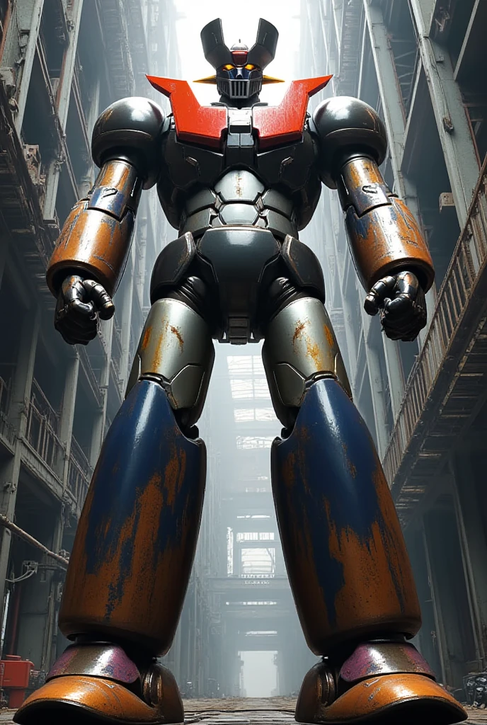 A very realistic version of the giant Mazinger Z charging at the pool facility , Fighting pose at a height of 138 meters ahead  .   Constructed of modern materials such as steel  ,   Carbon Fiber  ,   Other industrial elements are also visible  ,   just like the real thing  , Beautiful appearance, bolt,   realistic texture  , The cleaned exterior 、 shows some signs of wear  .   emits the latest electronic components with iconic features such as the chest plate and head 、 has been carefully reproduced .   It is set in an industrial environment at a modern giant facility repair shop  ,   it looks like the Mazinger Z is standing around during maintenance  ,   are illuminated by natural light  、  A huge structure highlighted by realistic shadows  . 