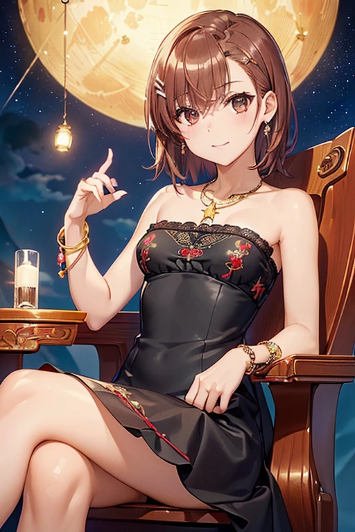 misaka mikoto、 shiny hair,  short hair, ( beautiful brown eyes、)、smile、 super detailed eyes、((hair clip)), very detailed face,  highly detailed eyes ,cowboy shot,、( One Girl )、 ,Master Piece,  top quality ,  high res, masterpiece , 



((  black dress,  Red Dress ,  strapless dress with embroidered dress,  sitting, Dark Throne , Scent of the Moon , star,  Milky Way, stage, Cherry Tree, cloud,  fine jewelry ,  gold necklace ,  Bracelet ,  earrings for women with first name,  lantern,  conceited , Legs crossed,  small bust, setting,  crossed legs ,  lace dress,  ドレス刺繍入り ,  haute couture ))