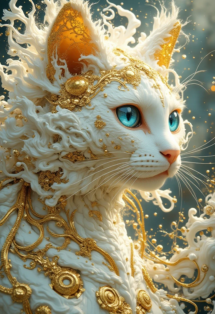 Futuristic,  complicated, organic,  mechanical elements integrated into the cat's design . The cat、 seems to merge with swirling things 、 flowing white hair ,  has a cloud-like texture , And cat skin 、 white like porcelain with delicate golden cracks similar to networks of veins and circuits. The cat金色のフレームの精巧なスチームパンクゴーグルを着用しています, Vibrant,  abstract cityscape . 猫の首と肩には complicated, lace-like patterns resembling a blend of golden filigree and dark organic matter. The overall beauty、 cyberpunk fusion , Baroque,  and fantasy , Shine,  has otherworldly highlights and soft ,  dreamy background . The atmosphere is mysterious,  elegant , そしてFuturistic.,
