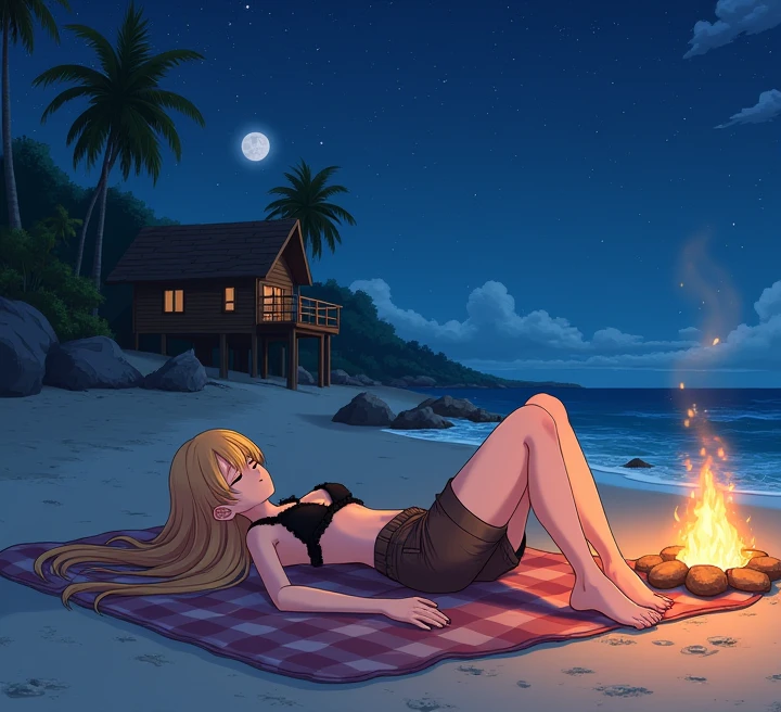 moray eel ,1girl,best quality,masterpiece, beach,black bikini, yellow skin with brown spots, bzeh art style, beautiful details, beautiful textures, beach, dusk, stars in the sky, looking at the sea, sitting by a campfire, smile,