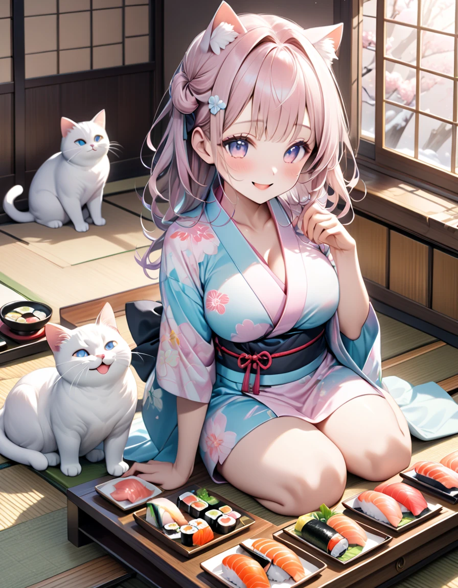 (masterpiece), (ultra-detailed), (best quality), (clear focus), dramatic scene, cinematic, shadow, (ultra-high resolution), (8k), perfect anatomy, perfect face, (detailed face), (detailed eye), (chibi), cute Japanese chibi girl, famous Japanese chibi idol, very beautiful and cute and cool face, (wearing a cute pastel colored kimono:1.2), cute apron,  (large breasts), (She is making sushi at the traditional Japanese room with a cute giant cat:1.3), (piles of many kind of colorful sushi plates are on the Japanese antique low table), (too many delicious sushi:1.2), Freshly cooked rice in a wooden tub, many kind of sliced fishes with bamboo leaves are on the wooden tray, sitting on Tatami floor, Japanese antique furnishings, Bonsai, gentle sunlight, professional lighting, the cat looks so happy with her, (detailed giant fat cat is mewing:1.3), she looks so happy, Outside the window is a snowy scene, happy smile