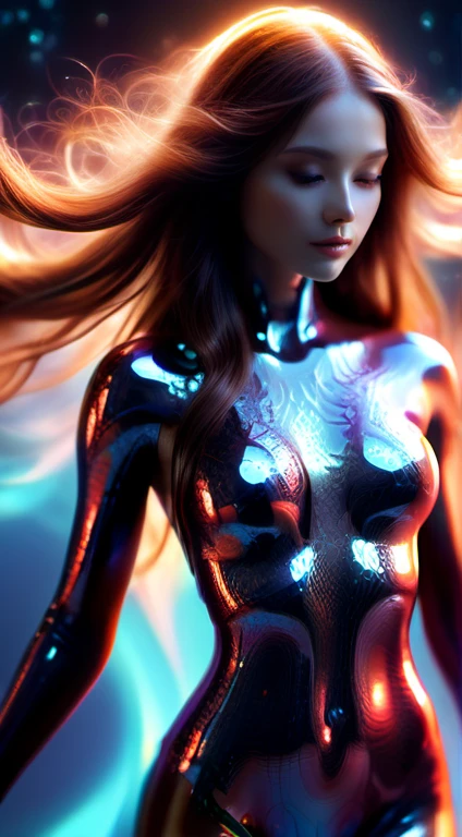  woman with shiny and translucent fractal skin,  very long and flowing and shiny hair , full and strong body ,  small breasts, far shot, aerial view, high resolution, cinematic, Swirling organic pattern ,  energetic , Ultra HD, bright colors,  perfect composition , litter, natural, amazing shadows, black silhouette,  volumetric light 