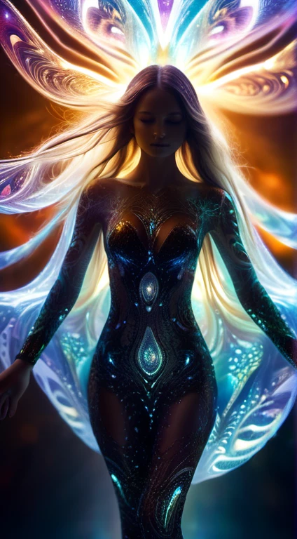  woman with shiny and translucent fractal skin,  very long and flowing and shiny hair , full and strong body ,  small breasts, far shot, aerial view, high resolution, cinematic, Swirling organic pattern ,  energetic , Ultra HD, bright colors,  perfect composition , litter, natural, amazing shadows, black silhouette,  volumetric light 