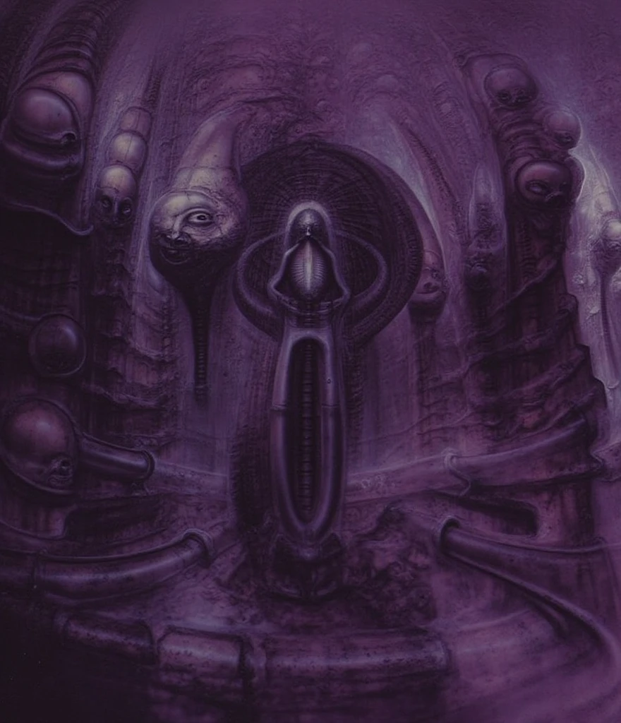 The image depicts a surreal, otherworldly landscape with towering, twisted structures that resemble organic growths or mechanical components. The scene is dark and eerie, with a muted color palette dominated by purples and blacks.Surreal biomechanical horrorscape inspired by H.R. Giger. A central, gaunt humanoid figure emerges from a dense, organic machine, its skeletal form intertwined with pulsating tubes and metallic structures. Ghostly faces and fragmented bodies are woven into the background, creating a nightmarish tapestry of flesh and metal. Muted, desaturated color palette emphasizing texture and shadow. Capture the feeling of oppressive density and a sense of being trapped within a living machine. Emphasize the contrast between smooth, organic curves and sharp, mechanical edges. By Giger  a sense of being trapped within a living machine. Emphasize the contrast between smooth, organic curves and sharp, mechanical edges, H.R. GIGER,  BY GIGER
Emphasis on "Biomechanical": This term accurately captures the fusion of organic and mechanical elements.
H.R. Giger Style Explicit: Clearly states the artistic influence.
Focus on Texture and Detail: Highlights the importance of intricate textures and high detail, crucial for capturing the essence of Giger's work.
Evocative Language: Uses words like "pulsating," "swirling," "ghostly," and "claustrophobic" to create a stronger sense of atmosphere.
Compositional Guidance: Mentions the dense and complex composition.
Adding specific details: Mentioning specific elements from the image, such as the prominent eyes, ribcage, or specific types of tubes and pipes.
Adjusting the "weight" of certain terms: Using phrases like "strongly emphasize" or "subtle hints of" to guide the AI's focus.
Iterating and refining: Generating multiple images and then using the best results as further reference for new prompts.