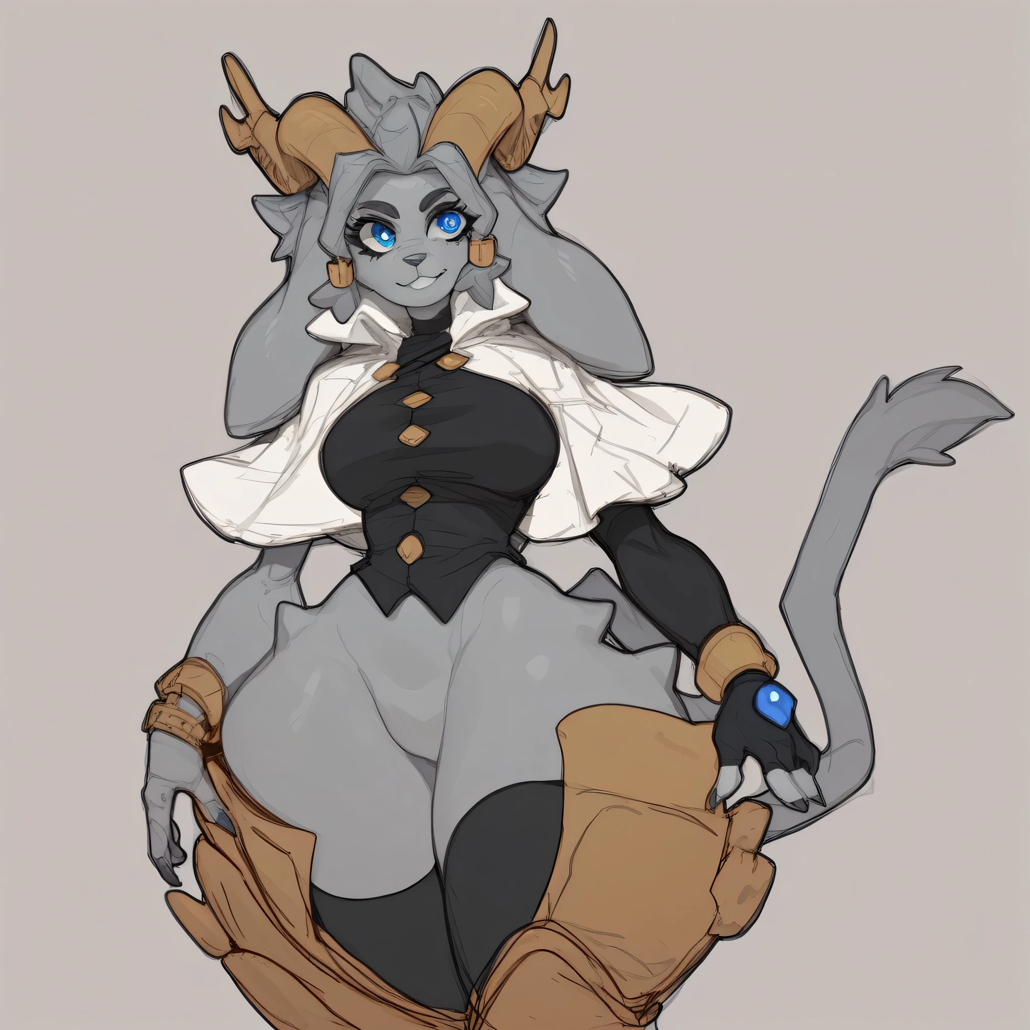 SybilPseudoregalia, girl, solo, blue eyes, thighhighs, gloves, animal ears, tail, grey hair, grey skin, horns, black thighhighs, fingerless gloves, capelet, bottomless, colored skin, furry, wide hips, furry female, leg armor, sketch