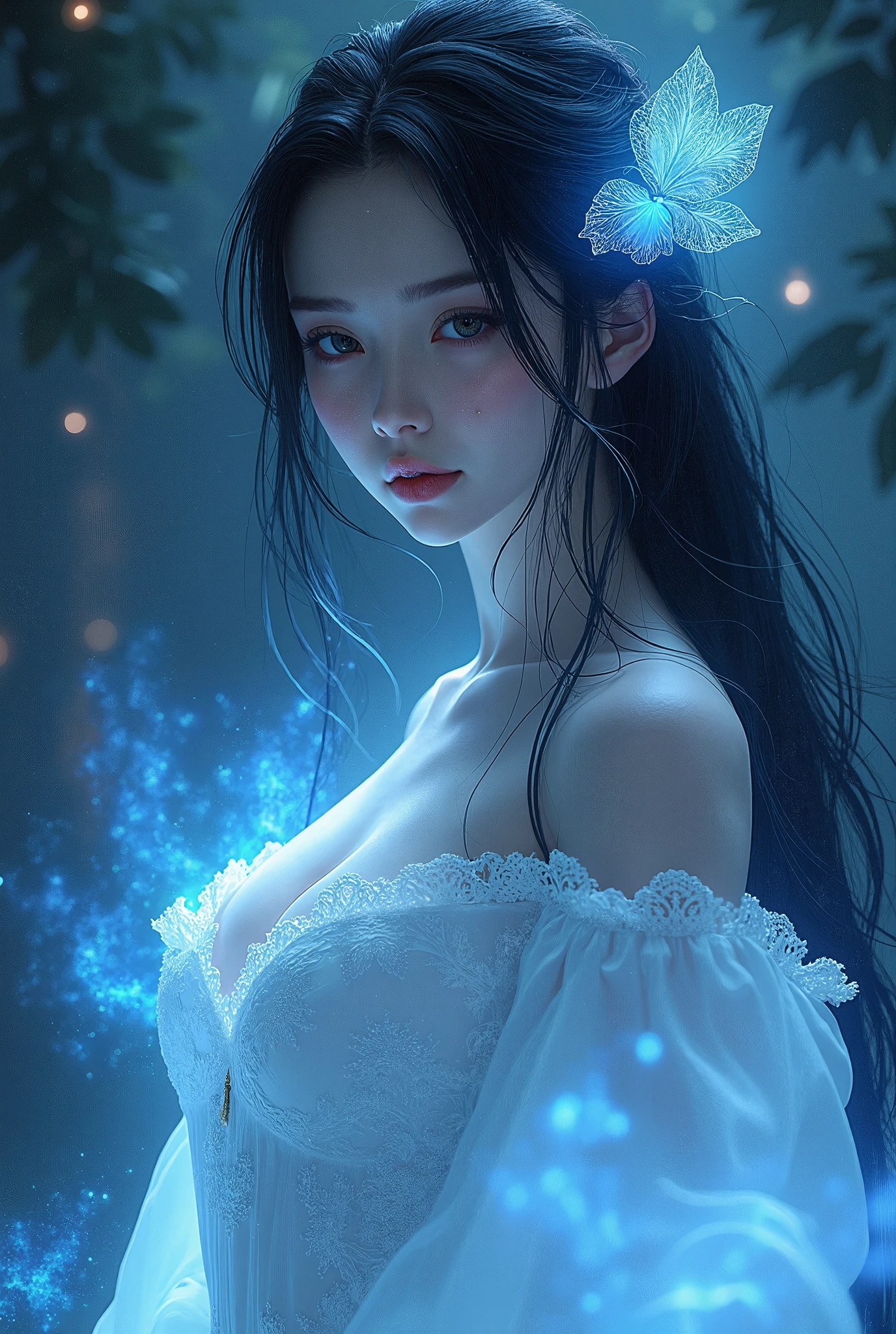 In this breathtakingly stunning 4K masterpiece, a single, ethereal female silhouette stands out against a dark background, her beautifully detailed face illuminated by neon lights and shimmering particles. Her long eyelashes frame her piercing gaze, which seems to cut through the darkness, as if beckoning the viewer into her mystical world. Her translucent skin glows softly, while her flowing, delicate clothes billow around her sinuous figure like a wispy mist. The artist's masterful brushstrokes weave together vibrant CMYK hues, imbuing the portrait with depth and dimension. As the backlit glow radiates an enchanting aura, this fantastical, dreamlike scene is frozen in time, inviting the viewer to step into its surreal realm.