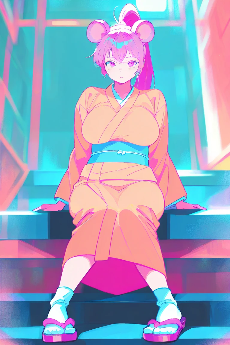  a purple-haired girl wearing a double ponytail , wearing a short kimono with long sleeves extended in the color pink,blue and white pink eyes , with purple mouse ears , big boobs,full body.sitting