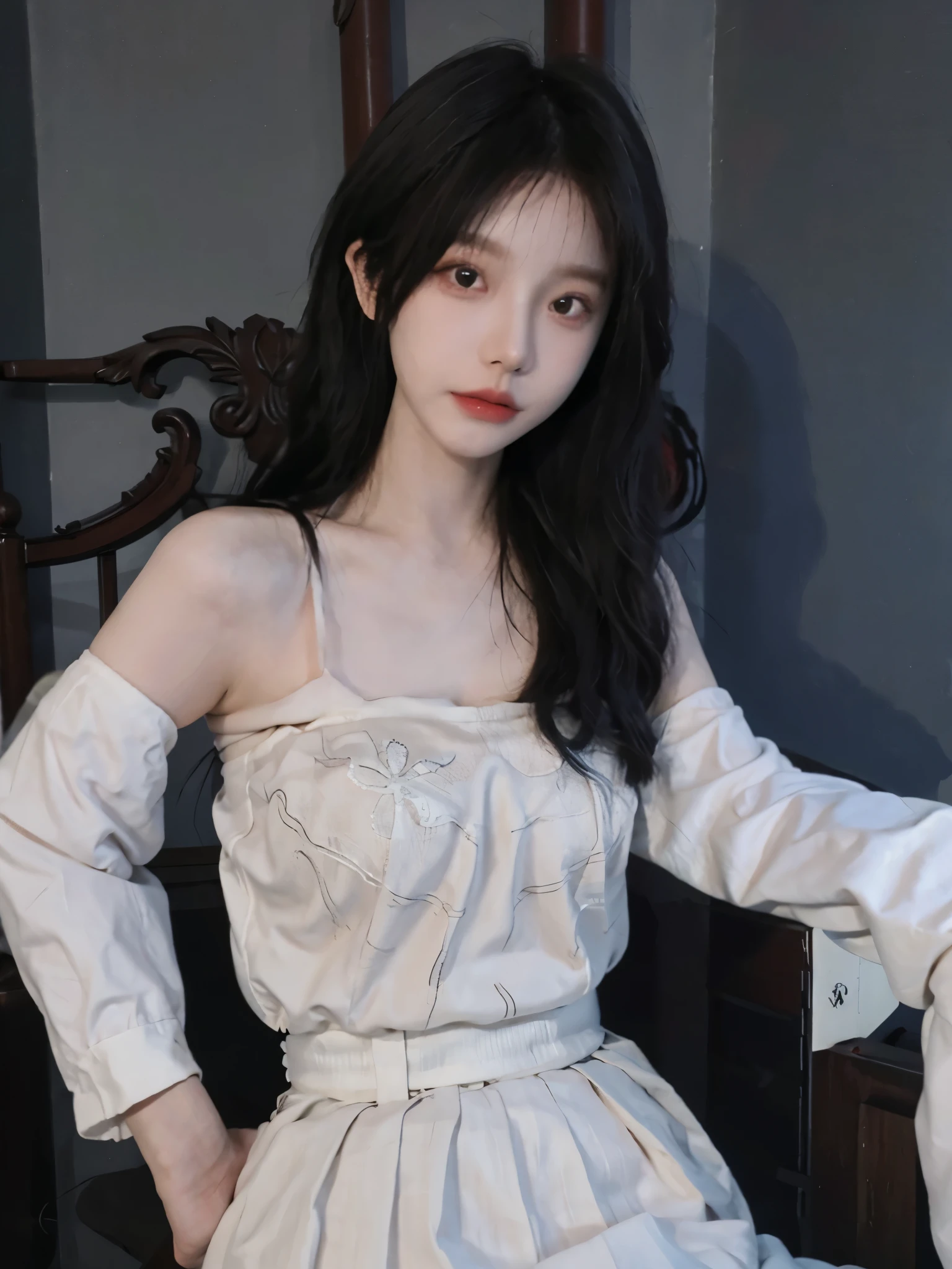 best qualtiy， 超高分辨率， （realisticlying：1.4）， one-girl， A pair of clear and moving peach blossom eyes,Royal Sister，Black long straight，Yellow tight skirt， （big cleavage breasts：1.2）， looking at viewert， closeup cleavage ，