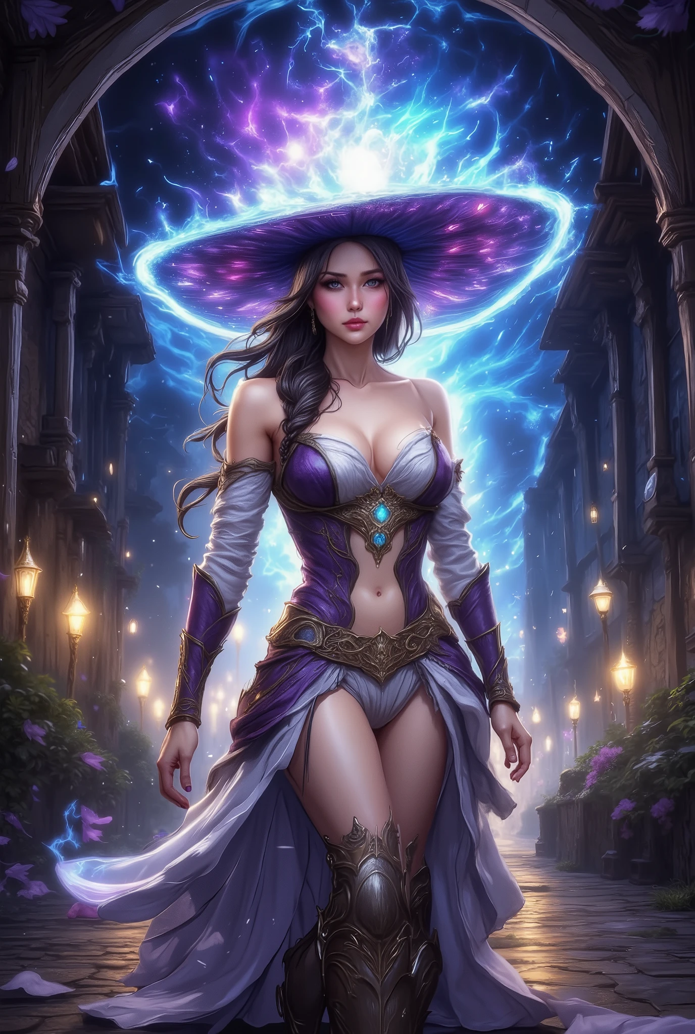  Beautiful Girl Sorceress in a hat with patterns of magic and the Garment of Complex textures ancient outfit upper light leather flowing into thin fabric with fluffy and delicate snow-white magic color with patterns and colors,  When she lets go, she gives off a subtle Magical Glow that turns into the Big Heart in the Picture ,  Light Shimmers in patterns from gold to blue and purple ,  Background A small Forest-themed house , Beautiful Night Evening ,  stars sparkle and illuminate ,  The forest seems to be alive with a mystical white glow ,  masterpiece fails,  complex textures , Fantasy,  phantesis , стиль  phantesis ,  as much detail as possible ,  beautiful colors , rich colors , 8 k,  better quality , 