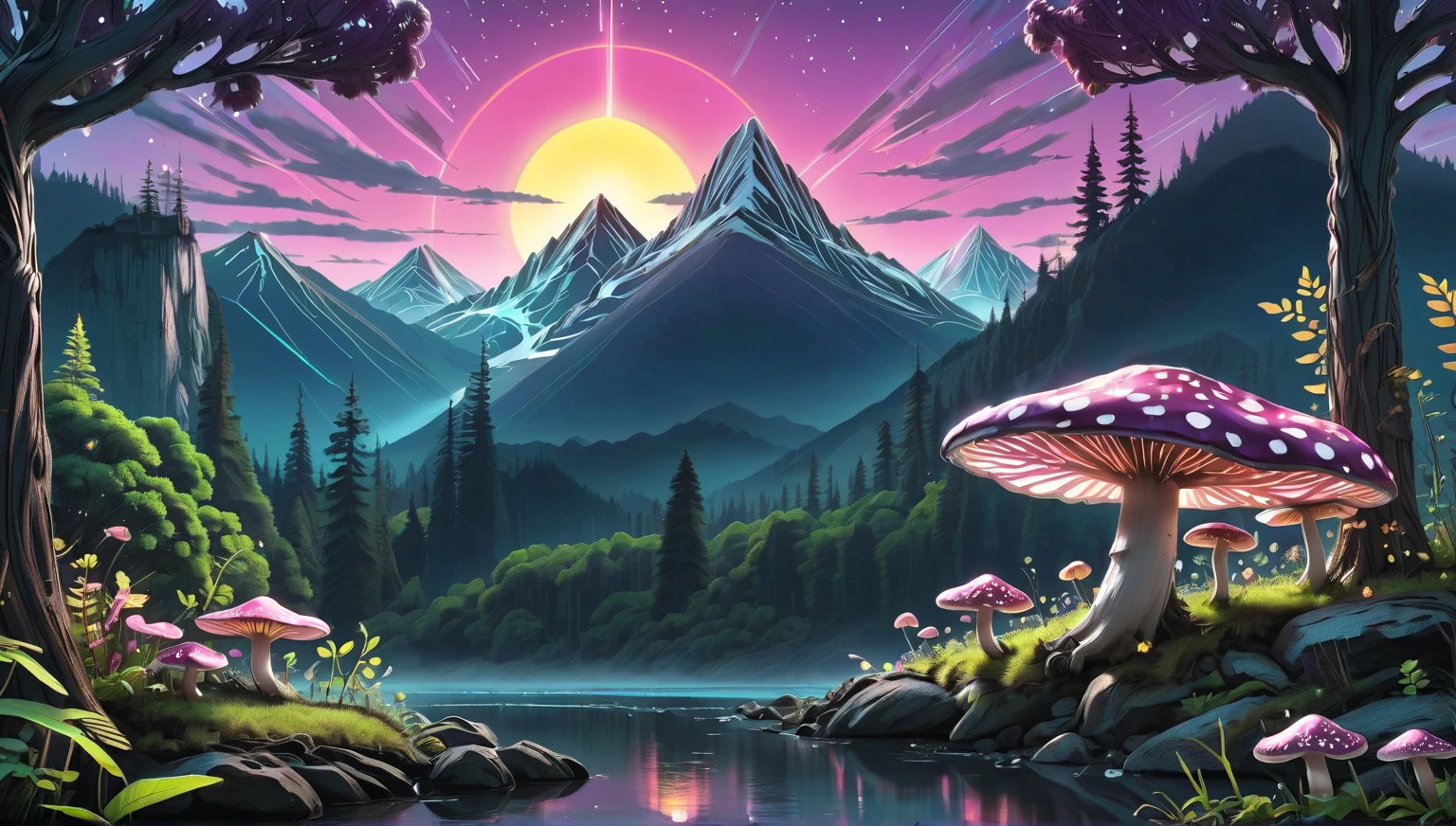 A magical forest with twisted trees, glowing mushrooms, sparkling fireflies, and ethereal creatures like fairies and tiny glowing animals, all beneath a purple and pink sky as the sun sets behind distant mountains.Visual Focus: Soft lighting, detailed flora and fauna, whimsical creatures.