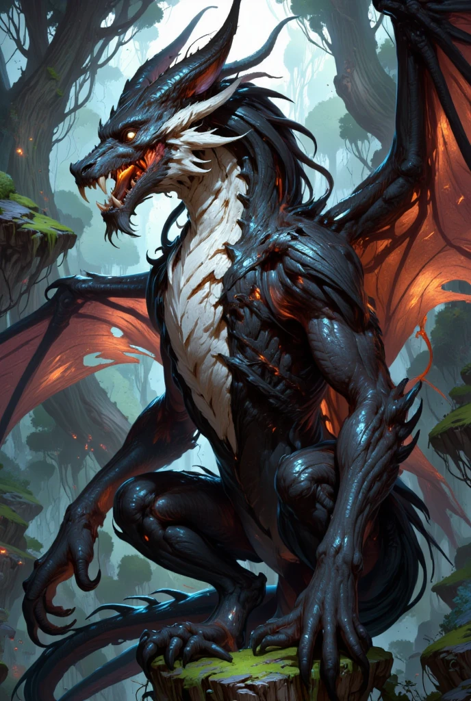 combines the characteristics of a cat and dragon. gaint, It has a connection with the three elements of earth, air and fire. fantasy setting, 8k, uhd, masterpiece, detailed. Black fur with white parts on head, neck and paws