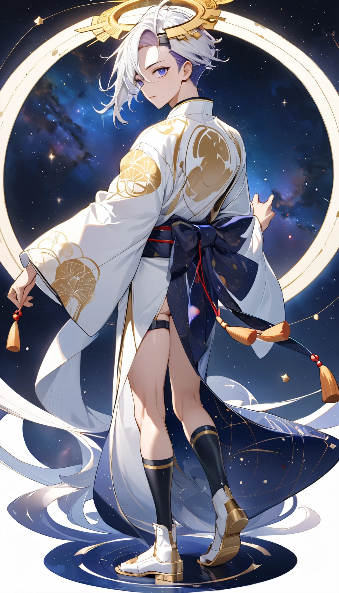 Fresh illustration,
Ultra-fine drawing,
Very delicate illustration,
Very fine details,
One boy,
Full body,
Standing motionless,
Arms slightly open,
Height 158cm,
Fair skin,
Right eye is purple,
Left eye is blue,
Odd eyes,
Heterochromie iris,
Beautiful eyes,
Large black pupils,
Cleanly cut hairstyle,
Slicked back hairstyle,
Short hair,
Shiny hair,
Blue roots and white hair elsewhere,
Hair with a gradient,
Cute face,
Pretty face,
Shiny angel halo on the back of the head,
Raised eyebrows,
Upper body in kimono,
Upper body in traditional Japanese clothing,
Masculine build,
Six pack,
Very small breasts,
No breasts,
Lower body in Chinese dress,
Black obi,
Overall white clothing,
Gold Tasteful embroidery with thread,
Clothes made of high-quality fabric,
Jock straps,
Thigh straps,
Thigh straps digging into the skin,
White long boots,
Japanese-style toes,
Five fingers on hands and toes,
Thin waist,
Thin legs,
Isometric,
Golden ratio,
Divine atmosphere,
Wearing an indigo-colored stand-up collared inner,
Outer space,
Galaxy,
Countless small stars,
Tactical use of shadows,
Hairbands on head and hair do not extend beyond the frame,
Clothes do not extend beyond the frame,