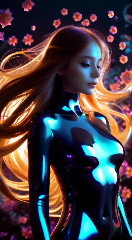  woman with shiny and translucent fractal skin,  very long and flowing and shiny hair , strong body,  small breasts, far shot, aerial view, high resolution, cinematic, Swirling organic pattern ,  energetic , 4K, Ultra HD, bright colors,  perfect composition , litter, natural, amazing shadows, black silhouette,  volumetric light , flowers and plants