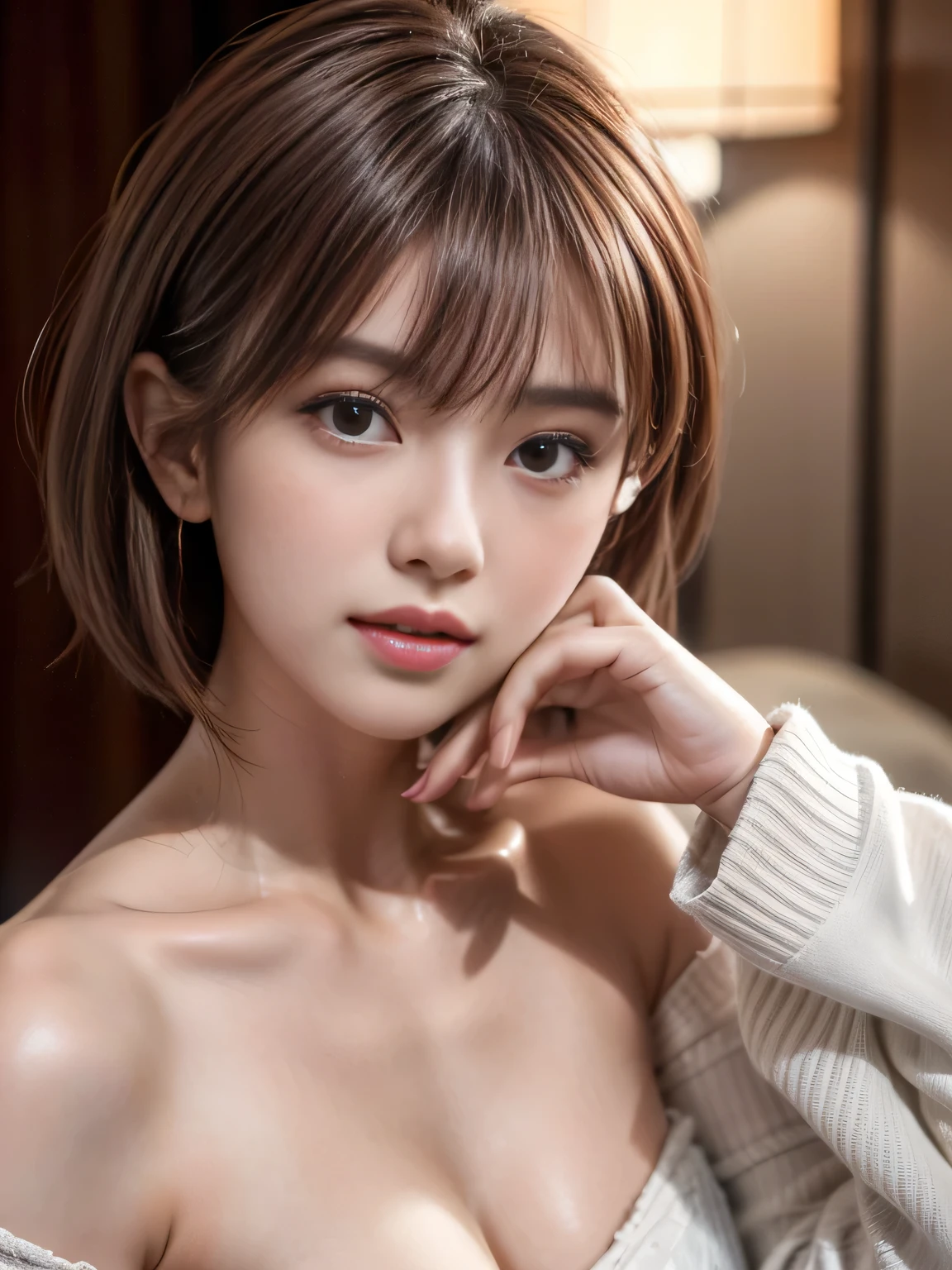 masterpiece, 1 woman per 1photo, full body shot, front view, a Japanese young pretty woman, hyper pretty face, 18 years old, short hair, sitting on a silk bed, wearing only a sleeveless silky satin black with black laces, busty, wet body, glossy lips, glamorous figure, silk pillow, silk bed sheets, double eyelids in both eyes, natural makeup, long eyelashes, shiny smooth light brown hair, asymmetrical bangs, fair skin, central image, 8K resolution, high detail, detailed hairstyle, detailed face, spectacular cinematic lighting, octane rendering, vibrant, hyper realistic, perfect limbs, perfect ???????