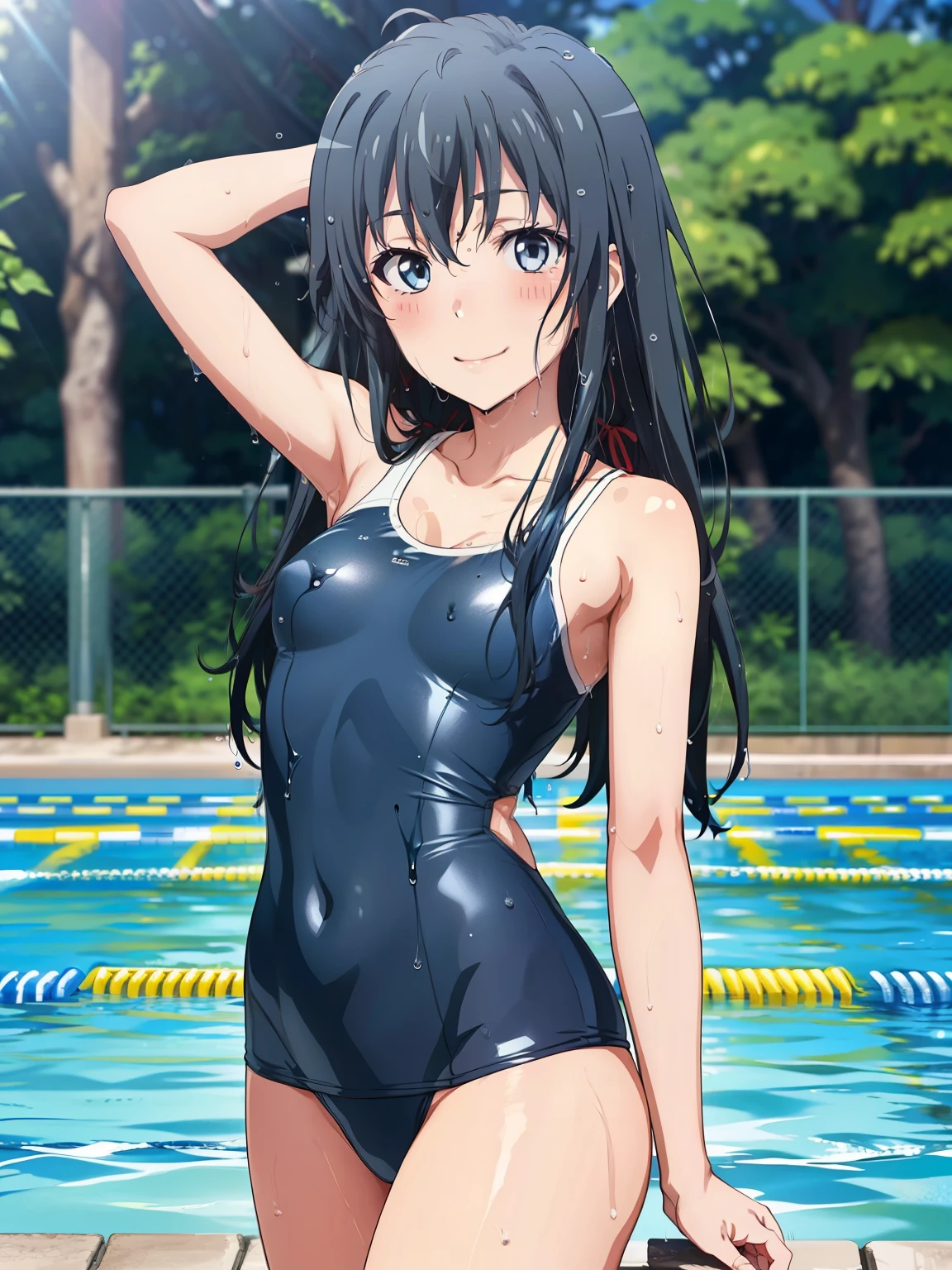 best quality, very aesthetic, Super detailed, best illustration, 1girl, one-piece swimsuit, black_hair, long_hair, dia kurosawa