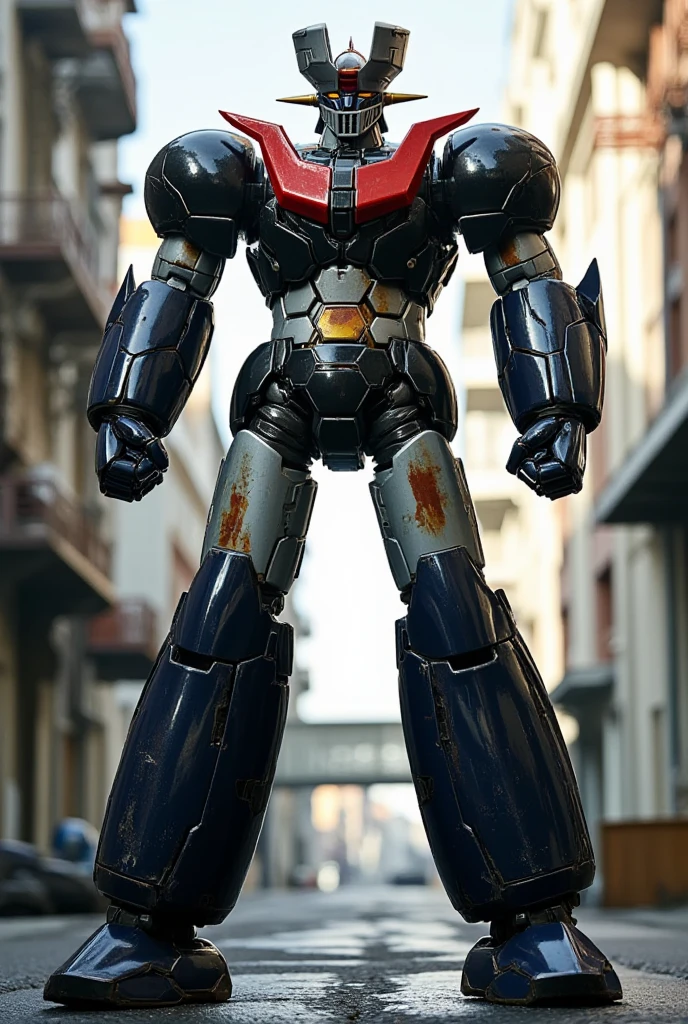 A very realistic version of the giant Mazinger Z charging at the pool facility , Similar to Gundam in a fighting pose at a height of 138 meters forward .   Constructed of modern materials such as steel  ,   Carbon Fiber  ,   Other industrial elements are also visible  ,   just like the real thing  , Beautiful appearance, bolt,   realistic texture  , The cleaned exterior 、 shows some signs of wear  .   emits the latest electronic components with iconic features such as the chest plate and head 、 has been carefully reproduced .   It is set in an industrial environment at a modern giant facility repair shop  ,   it looks like the Mazinger Z is standing around during maintenance  ,   are illuminated by natural light  、  A huge structure highlighted by realistic shadows  . 