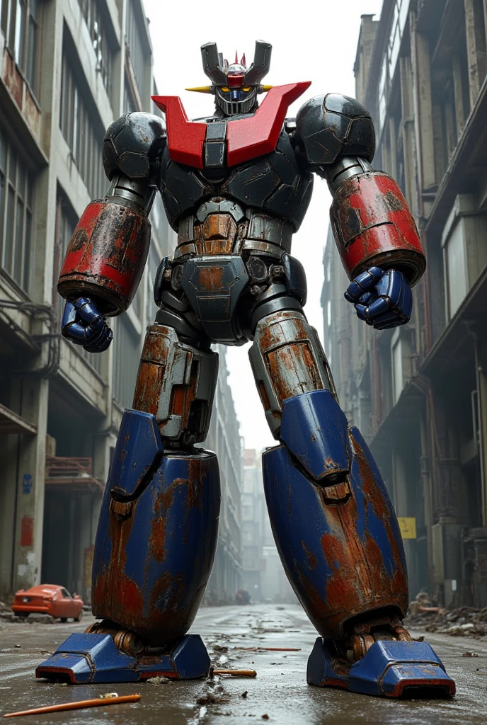 A very realistic version of the giant Mazinger Z charging at the pool facility , Similar to Gundam in a fighting pose at a height of 138 meters forward .   Constructed of modern materials such as steel  ,   Carbon Fiber  ,   Other industrial elements are also visible  ,   just like the real thing  , Beautiful appearance, bolt,   realistic texture  , The cleaned exterior 、 shows some signs of wear  .   emits the latest electronic components with iconic features such as the chest plate and head 、 has been carefully reproduced .   It is set in an industrial environment at a modern giant facility repair shop  ,   it looks like the Mazinger Z is standing around during maintenance  ,   are illuminated by natural light  、  A huge structure highlighted by realistic shadows  . 