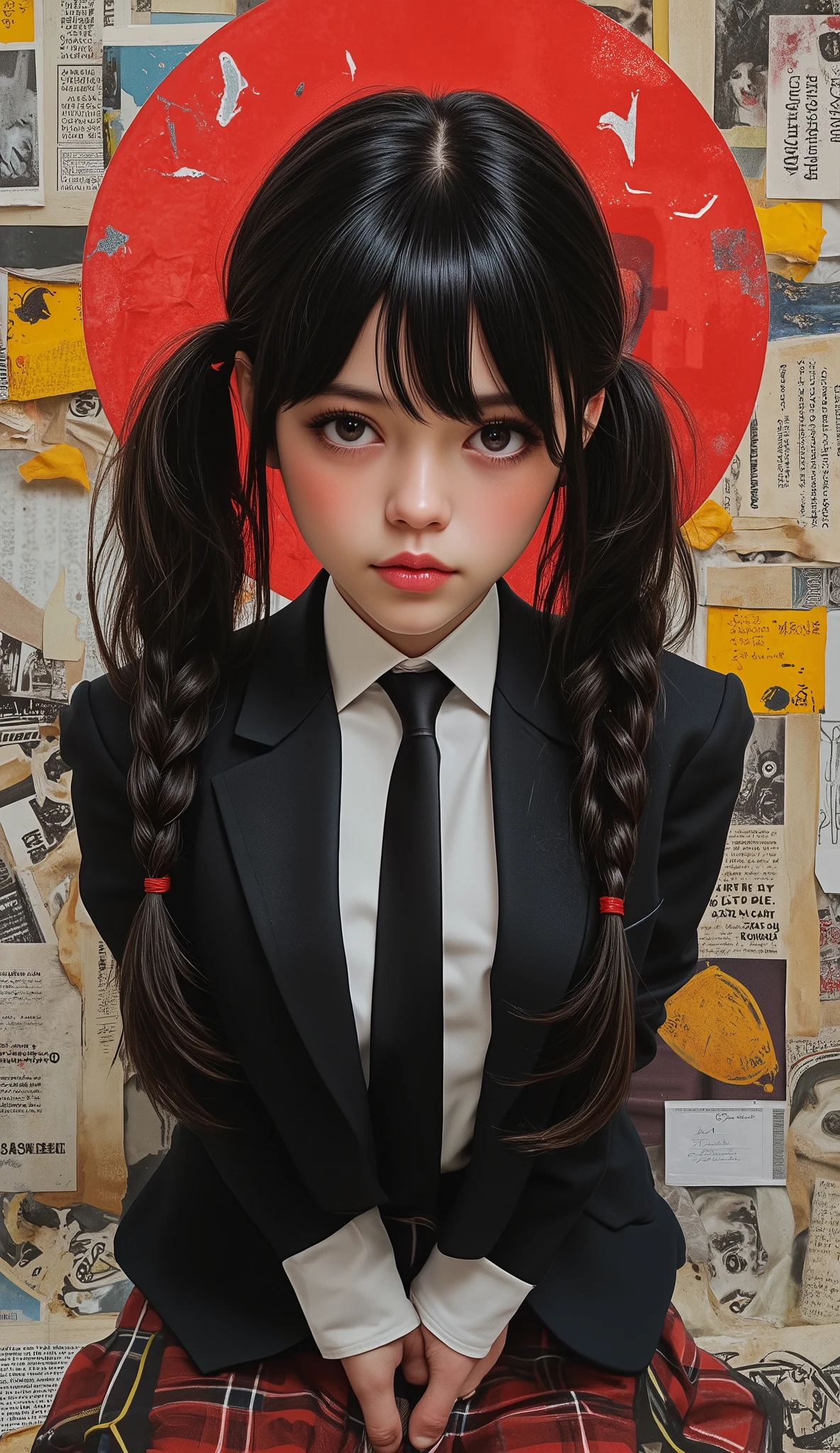 masterpiece,  super detailed , 8k, Jenna Ortega、 1 girl, shiny Droopy eyes, Droopy eyes, Big Iris:1.5, Big Iris:1.5, (( pop art )),  Surrounded by a chaotic collage of newspaper and magazine clippings creating a dynamic, textured background 、 Create an image of a young woman with a mysterious and charming expression  . ((Bend:1.8)) , 彼女teeth長い間,  Flowing dark hair with bangs wrapping around her face 、Pigtails with braids 、 Big,  Expressive eyes accentuated with soft makeup . 彼女の服装teethスタイリッシュ,  Modern version of a classic school uniform ,  Woman in a dark blazer ,  Complements her boldly short plaid skirt . 彼女teeth精巧なピンクのレースのランジェリーを身につけている, teeth、 Range Murata with bangs framing her face  ,Yoshitaka Amano,  Death is all over the air .,  Soft Indirect Lighting ,  bright colors, Attention to Details ,  Complements her bold contrast to her innocent look . 彼女teeth自信を持ってポーズをとる, Make finger movements , 。 Surrounded by a chaotic collage of newspaper and magazine clippings creating a dynamic, textured background います. クリッピングteethイメージに pop art の雰囲気を加えます, Her youth々 emphasizes energy and edgy style .