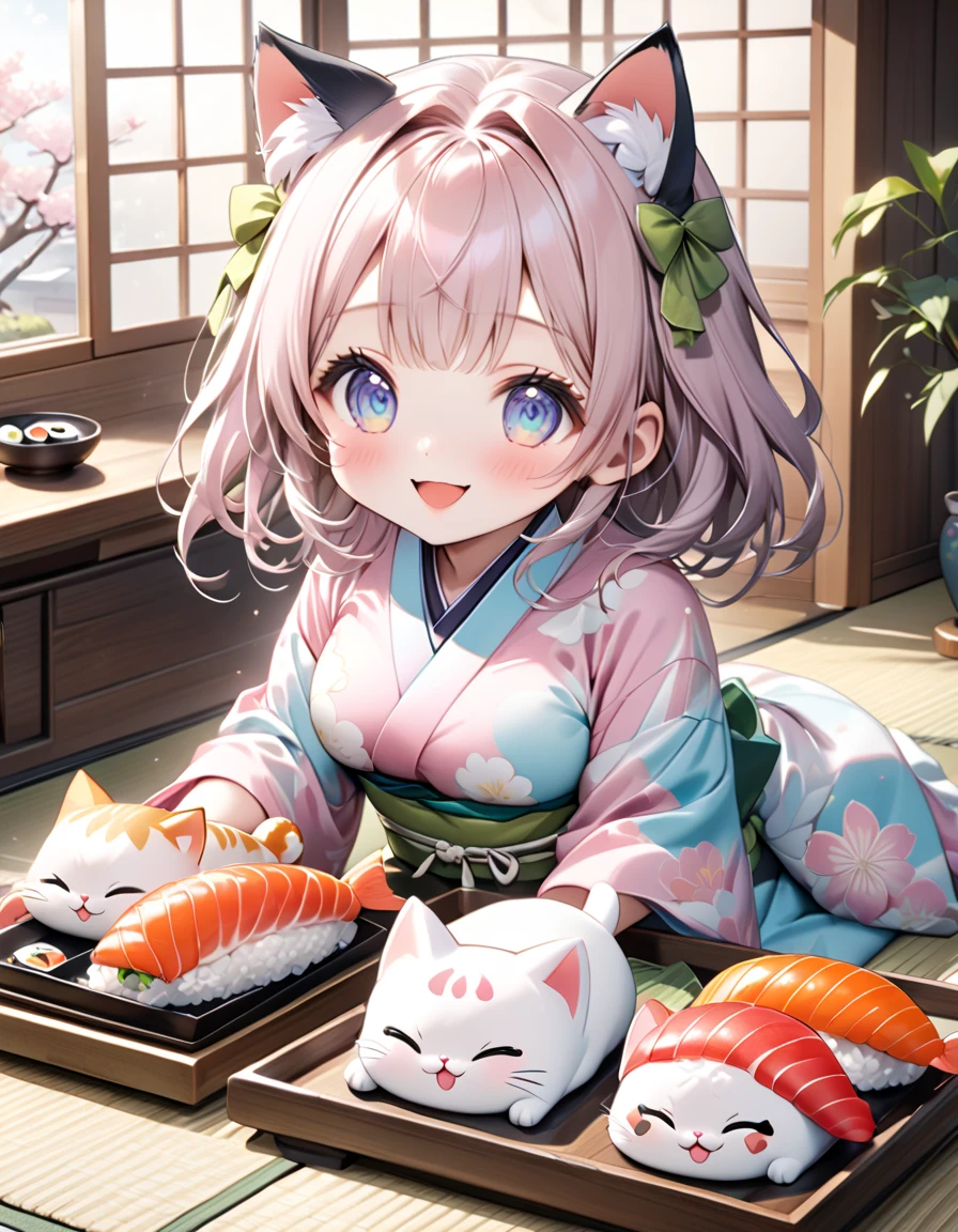 (masterpiece), (ultra-detailed), (best quality), (clear focus), dramatic scene, cinematic, shadow, (ultra-high resolution), (8k), perfect anatomy, perfect face, (detailed face), (detailed eye), (chibi), cute Japanese chibi girl, famous Japanese chibi idol, very beautiful and cute and cool face, (wearing a cute pastel colored kimono:1.2), cute apron,  (large breasts), (She is making sushi at the traditional Japanese room with a cute giant cat:1.3), (piles of many kind of colorful sushi plates are on the Japanese antique low table), (too many delicious sushi:1.2), Freshly cooked rice in a wooden tub, many kind of sliced fishes with bamboo leaves are on the wooden tray, sitting on Tatami floor, Japanese antique furnishings, Bonsai, gentle sunlight, professional lighting, the cat looks so happy with her, (there are very cute fat sushi cat on the plate:1.3), (detailed giant fat cat is mewing:1.3), she looks so happy, Outside the window is a snowy scene, happy smile