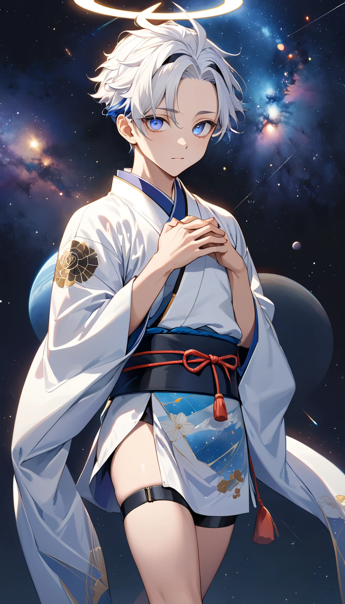 Fresh illustration,
Ultra-fine drawing,
Very delicate illustration,
Very fine details,
One boy,
Full body,
Standing motionless,
Arms slightly open,
Height 158cm,
Fair skin,
Right eye is purple,
Left eye is blue,
Odd eyes,
Heterochromie iris,
Beautiful eyes,
Large black pupils,
Cleanly cut hairstyle,
Slicked back hairstyle,
Short hair,
Shiny hair,
Blue roots and white hair elsewhere,
Hair with a gradient,
Cute face,
Pretty face,
Shiny angel halo on the back of the head,
Raised eyebrows,
Upper body in kimono,
Upper body in traditional Japanese clothing,
Masculine build,
Six pack,
Very small breasts,
No breasts,
Lower body in Chinese dress,
Black obi,
Overall white clothing,
Gold Tasteful embroidery with thread,
Clothes made of high-quality fabric,
Jock straps,
Thigh straps,
Thigh straps digging into the skin,
White long boots,
Japanese-style toes,
Five fingers on hands and toes,
Thin waist,
Thin legs,
Isometric,
Golden ratio,
Divine atmosphere,
Wearing an indigo-colored stand-up collared inner,
Outer space,
Galaxy,
Countless small stars,
Tactical use of shadows,
Hairbands on head and hair do not extend beyond the frame,
Clothes do not extend beyond the frame,