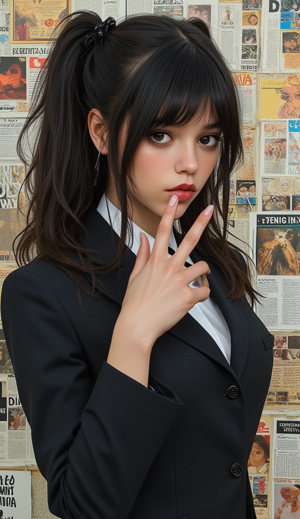 masterpiece,  super detailed , 8k, Jenna Ortega、 1 girl, shiny Droopy eyes, Droopy eyes, Big Iris:1.5, Big Iris:1.5, (( pop art )),  Surrounded by a chaotic collage of newspaper and magazine clippings creating a dynamic, textured background 、 Create an image of a young woman with a mysterious and charming expression  . ((Bend:1.8)) , 彼女teeth長い間,  Flowing dark hair with bangs wrapping around her face 、Pigtails with braids 、 Big,  Expressive eyes accentuated with soft makeup . 彼女の服装teethスタイリッシュ,  Modern version of a classic school uniform ,  Woman in a dark blazer ,  Complements her boldly short plaid skirt . 彼女teeth精巧なピンクのレースのランジェリーを身につけている, teeth、 Range Murata with bangs framing her face  ,Yoshitaka Amano,  Death is all over the air .,  Soft Indirect Lighting ,  bright colors, Attention to Details ,  Complements her bold contrast to her innocent look . 彼女teeth自信を持ってポーズをとる, Make finger movements , 。 Surrounded by a chaotic collage of newspaper and magazine clippings creating a dynamic, textured background います. クリッピングteethイメージに pop art の雰囲気を加えます, Her youth々 emphasizes energy and edgy style .