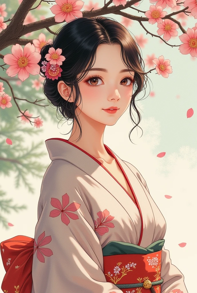  beautiful 20 year old Japanese woman, Elegance and grace.  The flowing lines and gentle expression of a kimono , Hand-painted watercolor effects , The background evokes nostalgia. Pine branches , Camellia flower petals, Open the top slightly, manga anime,  high image quality, masterpiece, 