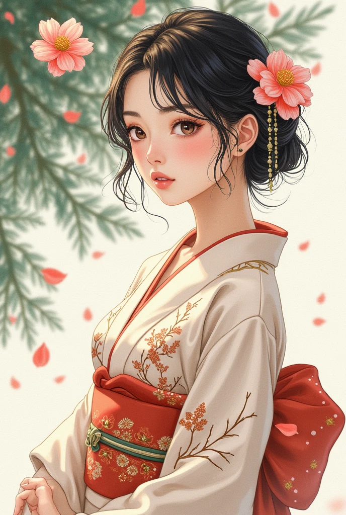  beautiful 20 year old Japanese woman, Elegance and grace.  The flowing lines and gentle expression of a kimono , Hand-painted watercolor effects , The background evokes nostalgia. Pine branches , Camellia flower petals, Open the top slightly, manga anime,  high image quality, masterpiece, 