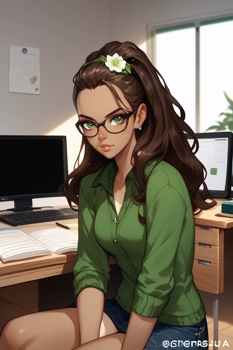 1 woman, airhead but very intelligent, mixed race Latina, olive green eyes,tan skin ,dark complexion, straightened and tied long dark brown hair,nerd, glasses, sketch style , smart ,nerd,sitting behind a desk