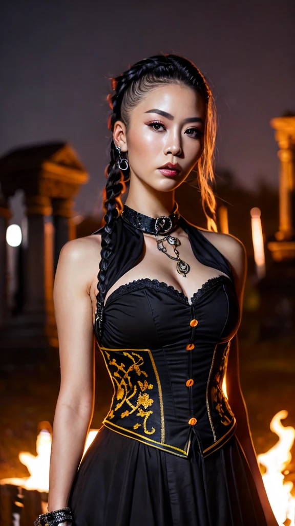 A Mongolian Latin American biracial woman with tall body and feminine curves. The woman has a long braided hairstyle with shaved sides on her head ((Undercut)). The woman is wearing a Gothic corset dress. The color of her clothing is black with yellow accents. Clothing has many patterns and chains. The woman dances frontally to the camera with fire. Your line of sight is into the camera. The background is a gothic cemetery at night. The woman has freckles on her face.