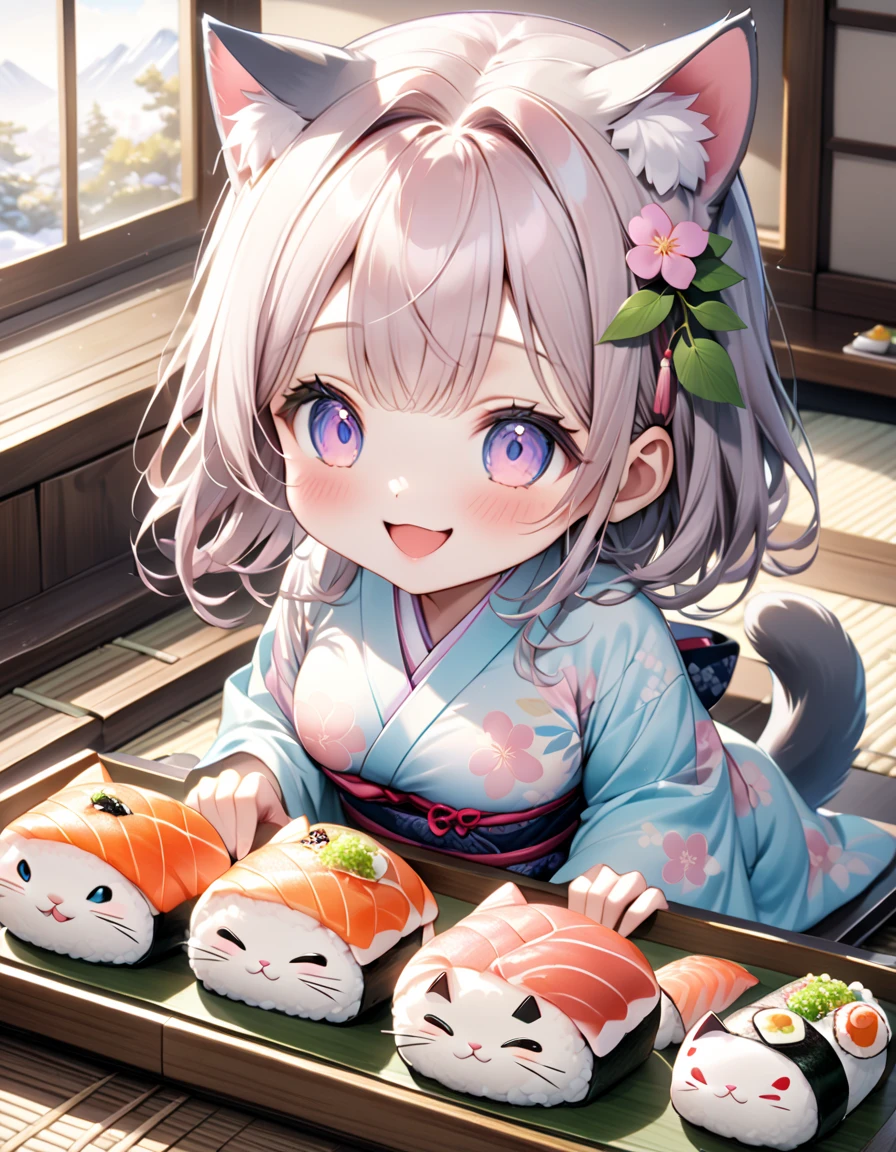 (masterpiece), (ultra-detailed), (best quality), (clear focus), dramatic scene, cinematic, shadow, (ultra-high resolution), (8k), perfect anatomy, perfect face, (detailed face), (detailed eye), (chibi), cute Japanese chibi girl, famous Japanese chibi idol, very beautiful and cute and cool face, (wearing a cute pastel colored kimono:1.2), cute apron,  (large breasts), (She is making sushi at the traditional Japanese room with a cute giant cat:1.3), (piles of many kind of colorful sushi plates are on the Japanese antique low table), (too many delicious sushi:1.2), Freshly cooked rice in a wooden tub, many kind of sliced fishes with bamboo leaves are on the wooden tray, sitting on Tatami floor, Japanese antique furnishings, Bonsai, gentle sunlight, professional lighting, the cat looks so happy with her, (there are very cute fat sushi cat on the plate:1.3), (detailed giant fat cat is mewing:1.3), she looks so happy, Outside the window is a snowy scene, happy smile