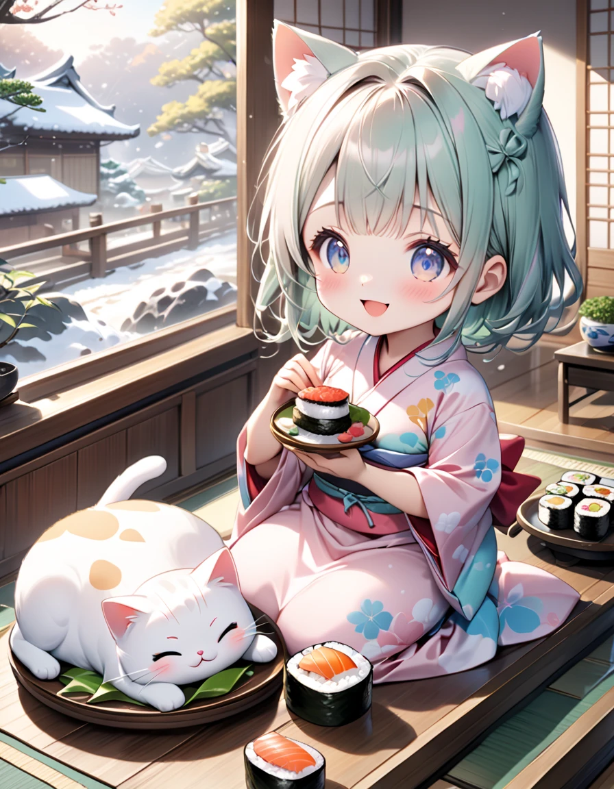 (masterpiece), (ultra-detailed), (best quality), (clear focus), dramatic scene, cinematic, shadow, (ultra-high resolution), (8k), perfect anatomy, perfect face, (detailed face), (detailed eye), (chibi), cute Japanese chibi girl, famous Japanese chibi idol, very beautiful and cute and cool face, (wearing a cute pastel colored kimono:1.2), cute apron,  (large breasts), (She is making sushi at the traditional Japanese room with a cute giant cat:1.3), (piles of many kind of colorful sushi plates are on the Japanese antique low table), (too many delicious sushi:1.2), Freshly cooked rice in a wooden tub, many kind of sliced fishes with bamboo leaves are on the wooden tray, sitting on Tatami floor, Japanese antique furnishings, Bonsai, gentle sunlight, professional lighting, the cat looks so happy with her, (there are very cute fat sushi cat on the plate:1.3), (detailed giant fat cat is mewing:1.3), she looks so happy, Outside the window is a snowy scene, happy smile