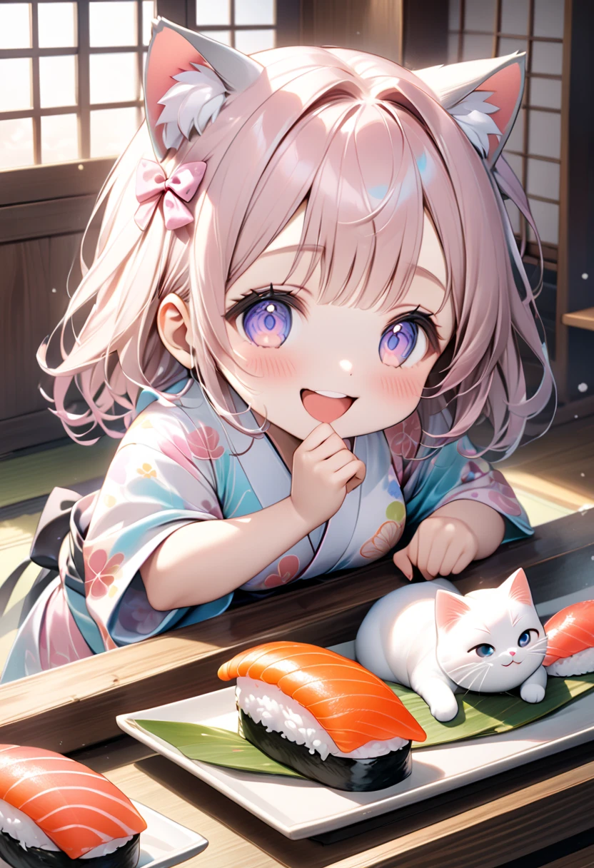 (masterpiece), (ultra-detailed), (best quality), (clear focus), dramatic scene, cinematic, shadow, (ultra-high resolution), (8k), perfect anatomy, perfect face, (detailed face), (detailed eye), (chibi), cute Japanese chibi girl, famous Japanese chibi idol, very beautiful and cute and cool face, (wearing a cute pastel colored kimono:1.2), cute apron,  (large breasts), (She is making sushi at the traditional Japanese room with a cute giant cat:1.3), (piles of many kind of colorful sushi plates are on the Japanese antique low table), (too many delicious sushi:1.2), Freshly cooked rice in a wooden tub, many kind of sliced fishes with bamboo leaves are on the wooden tray, sitting on Tatami floor, Japanese antique furnishings, Bonsai, gentle sunlight, professional lighting, the cat looks so happy with her, (there are very cute fat sushi cat on the plate:1.3), (detailed giant fat cat is mewing:1.3), she looks so happy, Outside the window is a snowy scene, happy smile