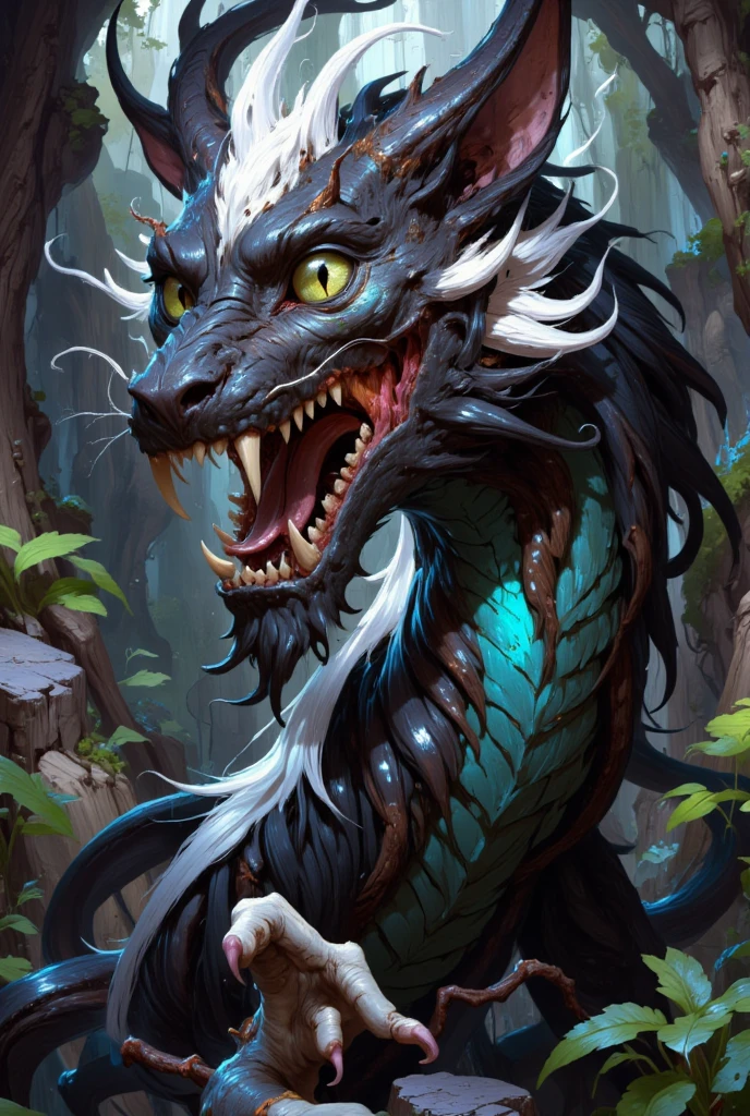 combines the characteristics of a cat and dragon. gaint, It has a connection with the three elements of earth, air and fire. fantasy setting, 8k, uhd, masterpiece, detailed. Black fur with white parts on head, neck and paws. Fluffy, long fur