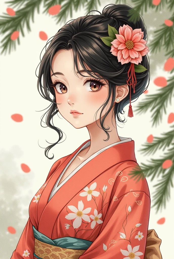  beautiful 20 year old Japanese woman, Elegance and grace.  The flowing lines and gentle expression of a kimono , Hand-painted watercolor effects , The background evokes nostalgia. Pine branches , Camellia flower petals, Open the top slightly, manga anime,  high image quality, masterpiece, 