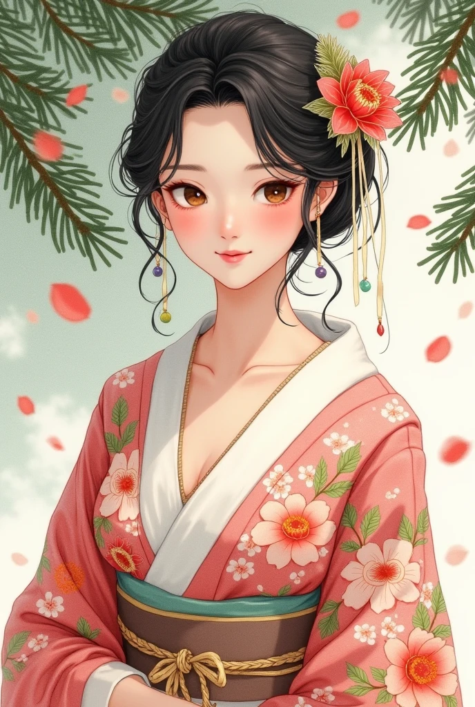  beautiful 20 year old Japanese woman, Elegance and grace.  The flowing lines and gentle expression of a kimono , Hand-painted watercolor effects , The background evokes nostalgia. Pine branches , Camellia flower petals, Open the top slightly, manga anime,  high image quality, masterpiece, 