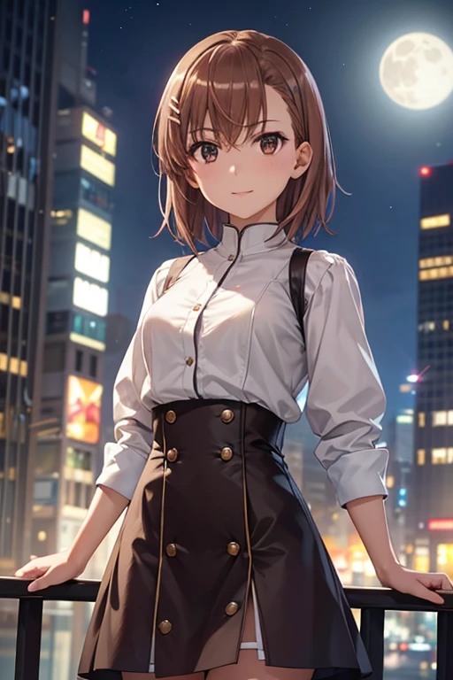 misaka mikoto、 shiny hair,  short hair, ( beautiful brown eyes、)、smile、 super detailed eyes、((hair clip)), very detailed face,  highly detailed eyes ,cowboy shot,、( One Girl )、 ,Master Piece, 最 High Quality ,  high res, masterpiece , 


Beautiful woman standing alone in the cityscape at night,  full moon, Soft Blue Background,  melancholy expression,  detailed facial features,  elegant dress ,  cinematic lighting,  detailed information,  Photorealistic, 8k,  High Quality , masterpiece