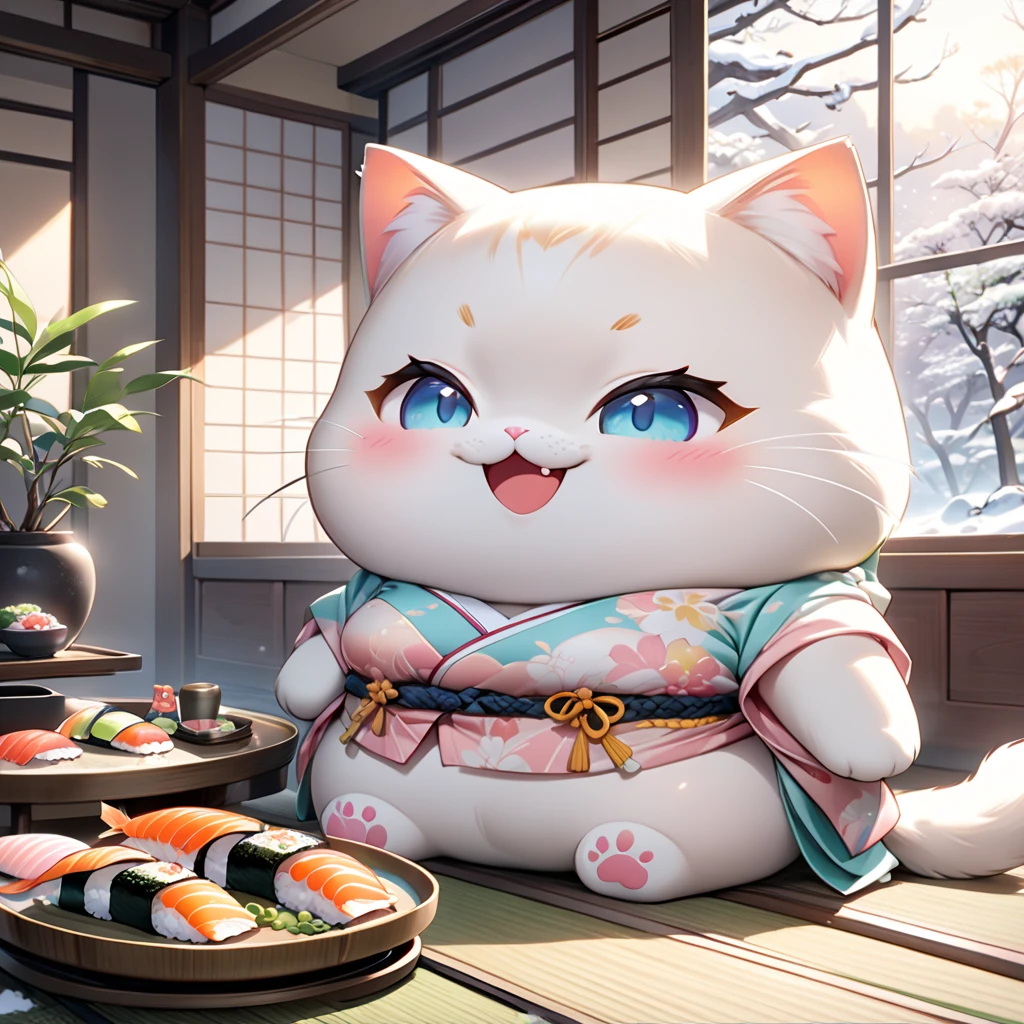 (masterpiece), (ultra-detailed), (best quality), (clear focus), dramatic scene, cinematic, shadow, (ultra-high resolution), (8k), perfect anatomy, perfect face, (detailed face), (detailed eye), (chibi), cute Japanese chibi girl, famous Japanese chibi idol, very beautiful and cute and cool face, (wearing a cute pastel colored kimono:1.2), cute apron,  (large breasts), (She is making sushi at the traditional Japanese room with a cute giant cat:1.3), (piles of many kind of colorful sushi plates are on the Japanese antique low table), (too many delicious sushi:1.2), Freshly cooked rice in a wooden tub, many kind of sliced fishes with bamboo leaves are on the wooden tray, sitting on Tatami floor, Japanese antique furnishings, Bonsai, gentle sunlight, professional lighting, the cat looks so happy with her, (there are very cute fat sushi cat on the plate:1.33), (detailed giant fat cat is mewing:1.3), she looks so happy, Outside the window is a snowy scene, happy smile