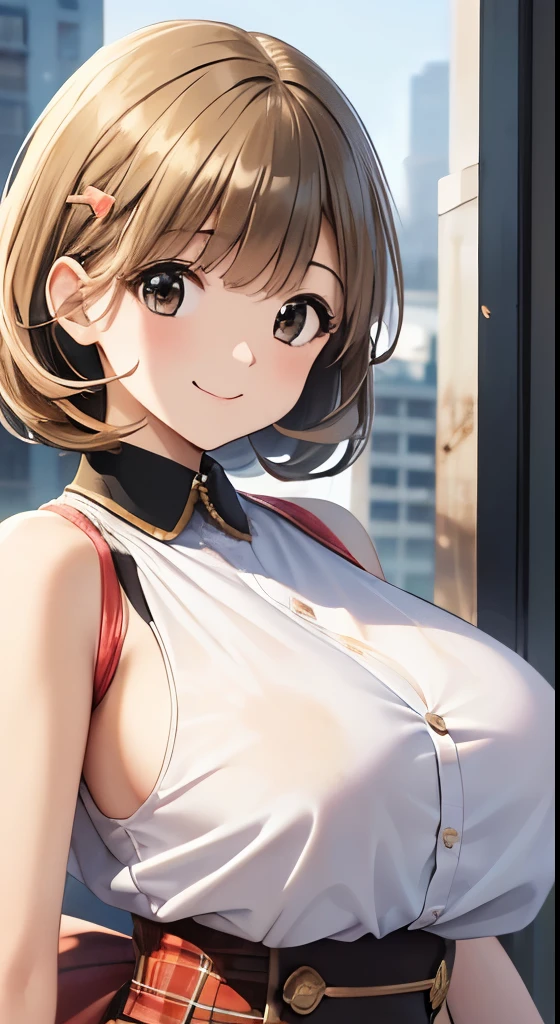  young woman、smile、 cool hairstyle、 blanking in the heart of the city、masterpiece、 high res、16k、 fresh colored spring clothes depicting the upper body、(Very close:1.5)、Explore the city、( Her costume is dirty :1.5)、 huge breasts:1.5、 sleeveless