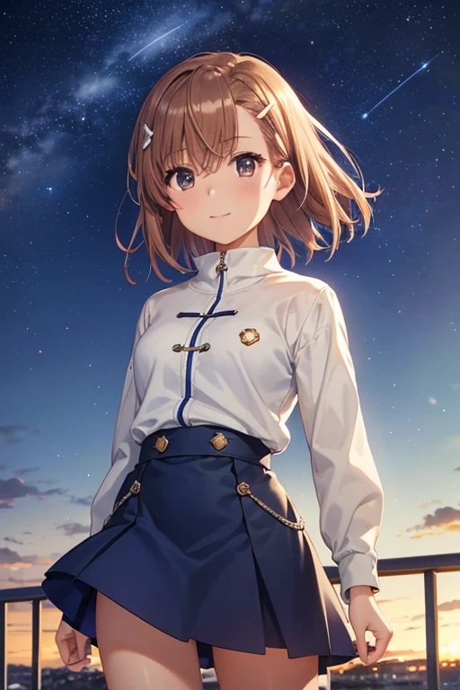 misaka mikoto、 shiny hair,  short hair, ( beautiful brown eyes、)、smile、 super detailed eyes、((hair clip)), very detailed face,  highly detailed eyes ,cowboy shot,、( One Girl )、 ,Master Piece,  top quality ,  high res, masterpiece , 





Hilly night sky. winter, winter colors, winter landscape, Starry Sky ,  Sky Color Prussian Blue Cobalt Blue Purple Cyan. planet, bright stars, meteor, Tree tops moving in the wind, thre beautiful blonde girl in winter clothes observes the starry sky with a dreamy look.