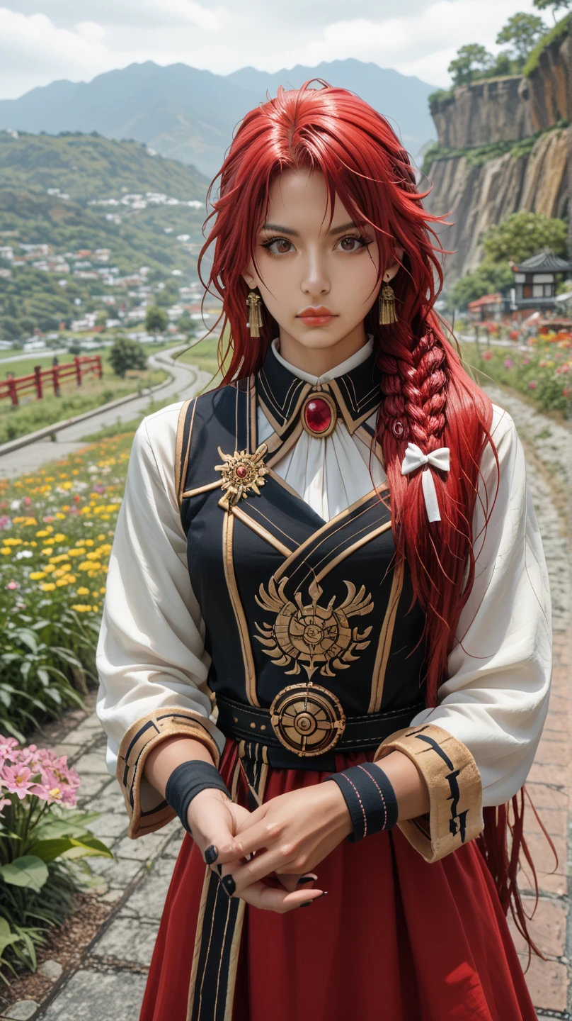 chica,warrior,adult,  brown skin  ,tattoo, tan ,líneas The bronceado,folding,Thelgado,high, muscular ,oval face, red hair, straight hair ,  very long hair , braided bangs , lipstick, long eyelashes ,The wuliang,Ojos rojos, different colors ,mole, Thick lips,slightly open,black nails,clavicle, Pechos granThes ,neckline, Thelgado waist, abdominal muscles,Japanese_armor,armored_,number_tattoo,wristband,arm_liga,earrings,Thespreciar,Indian style,holding_bow_(arms), Incredibly absurd,el enorme tamaño The archivo ,fondo The pantalla, reality ,Photo, reality ,landscape/landscape, impersonate  , PueThe usar el efecto The luz ,Contour_, high contraste ,color,fancy,torii,floor,Planted_Arm,warrior刀,樱桃flower,flower_floweración,plant,flower,panoramic, wide angle lens  ,full camera,vista frontal,The_above,Contour_,eyeball,mirada,looking_above,