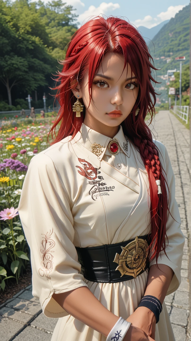 chica,warrior,adult,  brown skin  ,tattoo, tan ,líneas The bronceado,folding,Thelgado,high, muscular ,oval face, red hair, straight hair ,  very long hair , braided bangs , lipstick, long eyelashes ,The wuliang,Ojos rojos, different colors ,mole, Thick lips,slightly open,black nails,clavicle, Pechos granThes ,neckline, Thelgado waist, abdominal muscles,Japanese_armor,armored_,number_tattoo,wristband,arm_liga,earrings,Thespreciar,Indian style,holding_bow_(arms), Incredibly absurd,el enorme tamaño The archivo ,fondo The pantalla, reality ,Photo, reality ,landscape/landscape, impersonate  , PueThe usar el efecto The luz ,Contour_, high contraste ,color,fancy,torii,floor,Planted_Arm,warrior刀,樱桃flower,flower_floweración,plant,flower,panoramic, wide angle lens  ,full camera,vista frontal,The_above,Contour_,eyeball,mirada,looking_above,