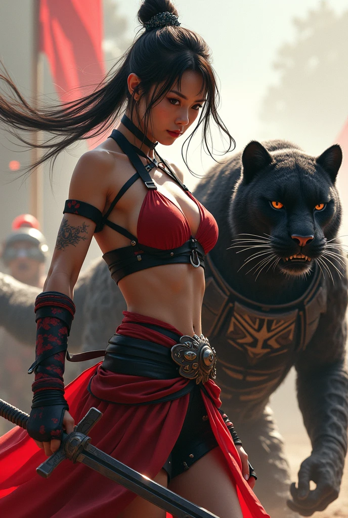 1 girl,huge breast, beautiful breast,High definition simulation of world boss character creation screen with dark samurai ninja with glowing hair with glowing lighting fists wearing a beautiful frozen ninja with neon red and yellow blues snow sacred geometry and chained shoulder guards, tiger, eagle, wolf,long fangs, chains, burst of fire, smoke with lightning background, 3d realistic photo,incredibly absurdres, ultra detailed, high resolution, realistic lighting, photorealism, hyperrealism,masterpiece,vibrant colors,stunning visuals,ultra skin texsture,stable diffusion,perfect ???????,crazy details