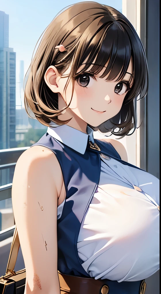  young woman、smile、 cool hairstyle、 blanking in the heart of the city、masterpiece、 high res、16k、 fresh colored spring clothes depicting the upper body、(Very close:1.5)、Explore the city、( Her costume is dirty :1.5)、 huge breasts:1.5、 sleeveless