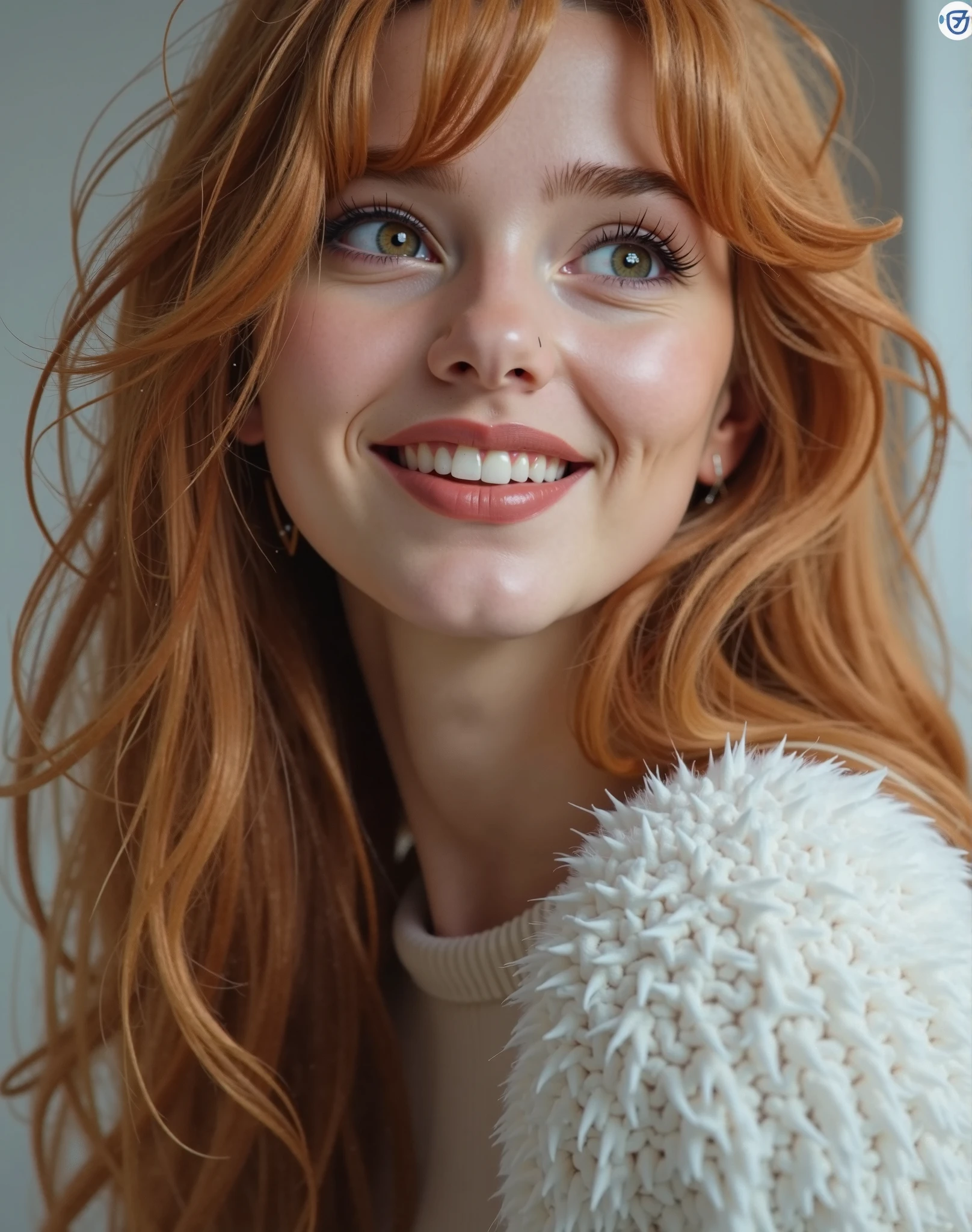 Arafed woman with long red hair and a white sweater - SeaArt AI