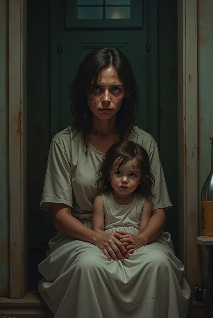((Photorealistic))　((Busty mother and young girl))　((Poor refugees))　((Dirty tank top))　((Dark and narrow basement))　((Close-up))　((Torture Devices))
