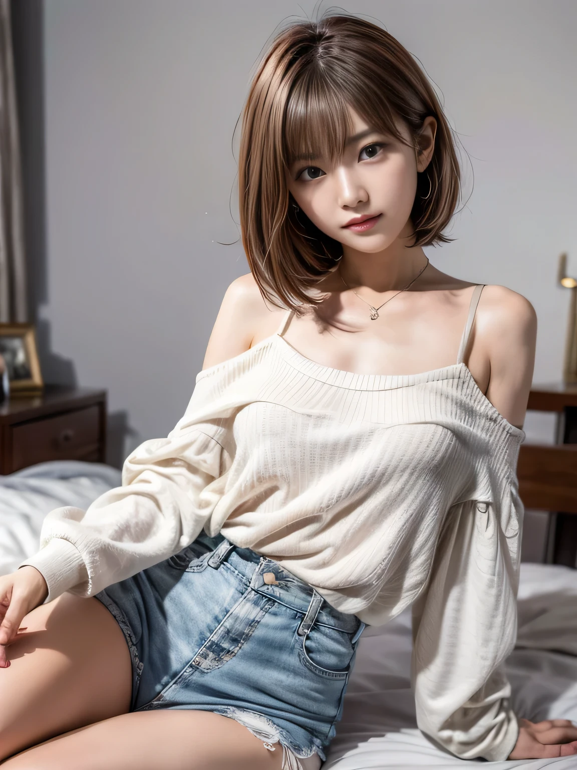 8K resolution, masterpiece, ultra high res, extremely detailed, photorealistic, an extremely delicate and beautiful, detailed skin, beautiful realistic face, detailed face, One Girl, 19 years old, Attractive Japan Woman Pictures, modelshoot style, gradient hair color, short hair, (seductive smile:1.2), Casual clothing,